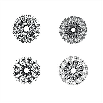 Collection of four intricate black and white mandalas. Detailed vector line art for coloring books, tattoos, logos, and spiritual decorative projects.