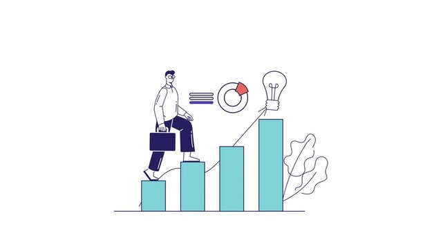 Animated businessman climbing growth chart toward a lightbulb idea