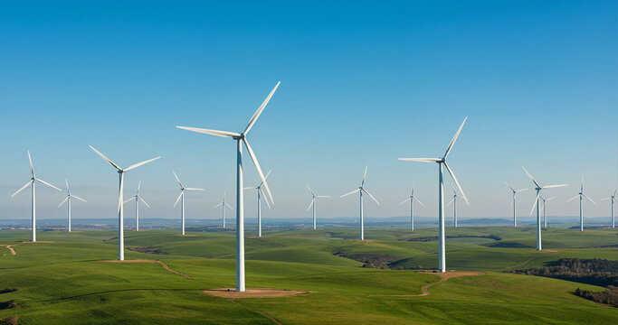 Wind turbines on green hills under clear blue sky, renewable energy landscape