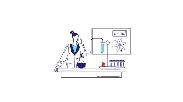 Animated female scientist in chemistry lab with equation and atom board