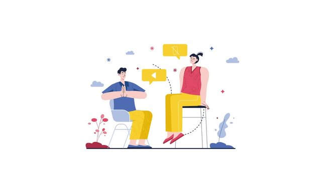 Animated mindful conversation concept with muted chat bubbles and two people