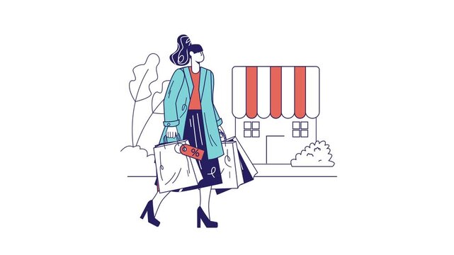 Stylish woman carrying shopping bags with discount tag by storefront animation