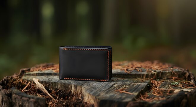 Blank minimalist leather wallet mockup on raw wooden stump.