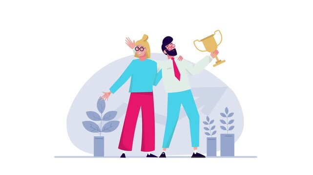 Cheerful business couple celebrating success with trophy in flat illustration