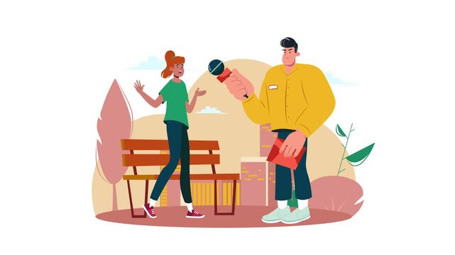 Interview in city park with young woman and reporter, flat vector animation