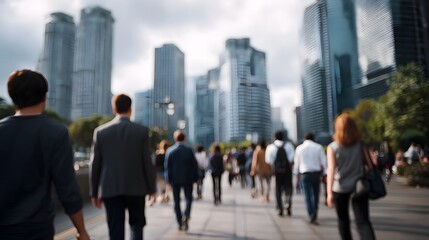 Obraz premium Pedestrians moving through a modern blurred city street with tall buildings