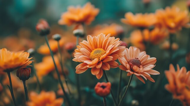 Oranges flowers bloom softly in sunlit meadow. Petals glisten with dew, forming gentle curves. Stems rise tall against blurred green background. Flowers radiate warmth, offering calm, natural beauty
