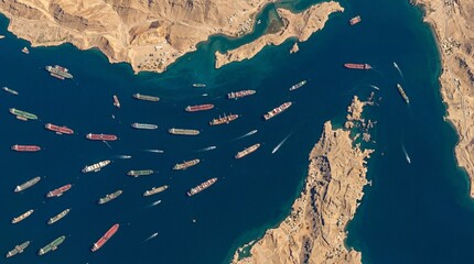 Fototapeta premium The Global Bottleneck: Massive Shipping Fleet Navigating the Strait of Hormuz