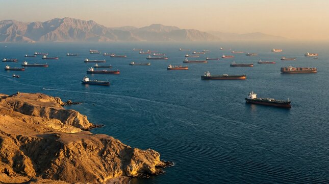 Golden Hour Over the Strait of Hormuz: A Vast Fleet of Anchored Cargo Ships