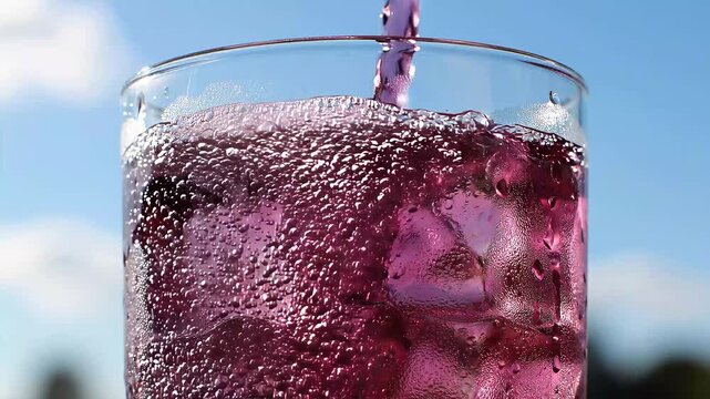 A vibrant beverage being poured into a chilled glass, evoking feelings of freshness and refreshment. capturing the effervescence and clarity of the drink