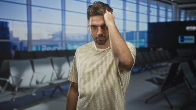 Man pointing with hand toward camera while touching hair and beard in airport gate seating area wearing beige striped tshirt; waiting impatience grooming.