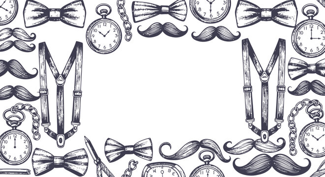 Vintage Gentleman's Accessories Frame: Mustaches, Bow Ties, Pocket Watches, Suspenders