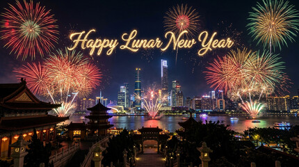 Obraz premium Vibrant fireworks display over modern cityscape celebrating Lunar New Year