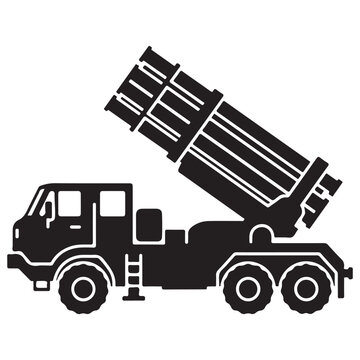 Military Multiple Launch Rocket System MLRS Truck Silhouette Isolated on White Background, Tactical Mobile Artillery Vehicle Icon for Defense and Warfare Concepts, Minimalist Graphic Design