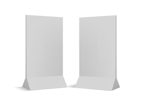 Table tent display, promotional stand for showcasing product or designs. White blank boards offer visual preview for marketing presentations.