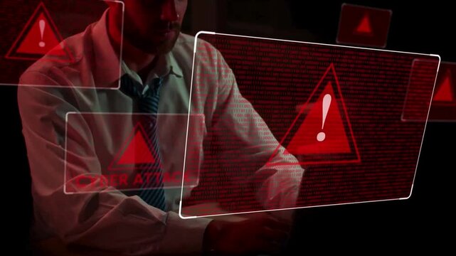 Business professional analyzing data with digital warning alerts on transparent screens in dark office