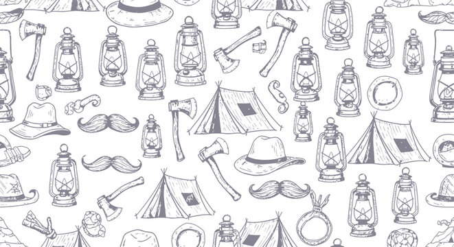 Vintage Camping Pattern: Tents, Lanterns, Axes, Hats, Mustaches