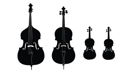 Four stringed instruments in black ranging in size a striking silhouette © Nurunnar