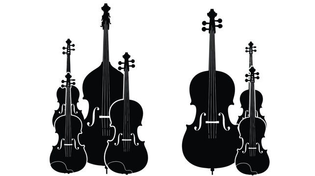 A collection of stringed instruments displayed in black silhouette