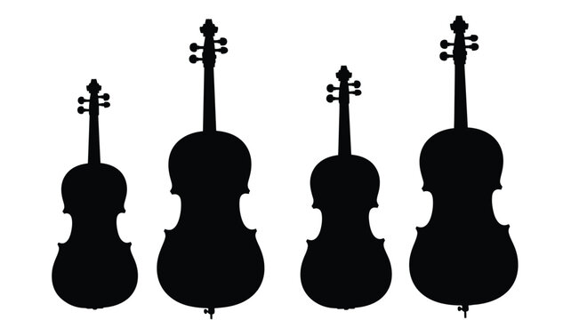 Four black string instruments depicted in a striking silhouette