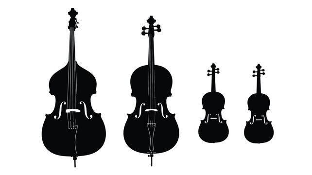 Four stringed instruments in black ranging in size a striking silhouette