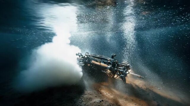 Underwater drone exploring sea floor with bubbles and sediment  