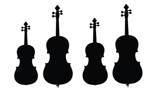 Four black string instruments displayed in a distinct silhouette