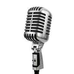 Fototapeta premium Close-up of classic chrome microphone isolated on white background for professional recording