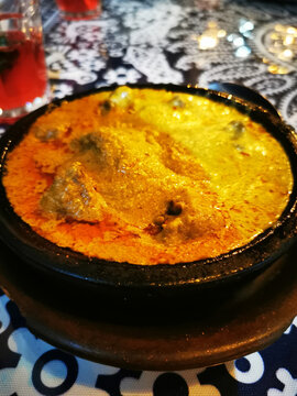 Iakhni served on ketsi, closeup. Adjarian, Georgian cuisine Kobuleti specialty