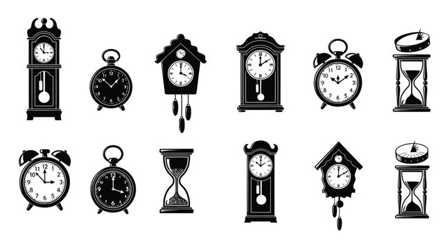 Collection of vintage clocks and hourglasses in black silhouette
