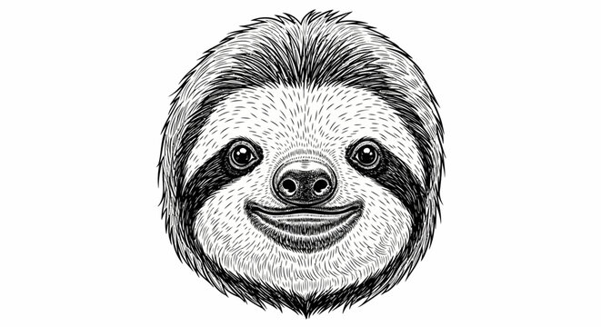 Smiling Sloth Face Illustration - Detailed Hand-Drawn Headshot of a Happy Three-Toed Sloth with a Gentle Expression