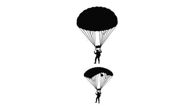 Two skydivers descending with open parachutes stark black silhouette