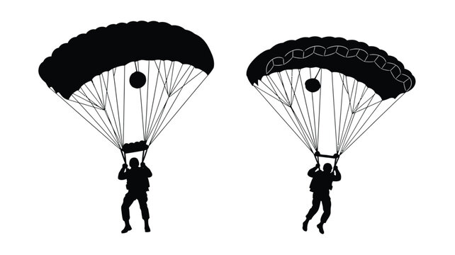 Two skydivers descending with open parachutes a striking silhouette
