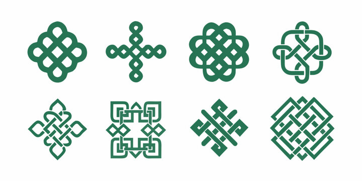 Collection of intricate green celtic knotwork designs displayed in a grid