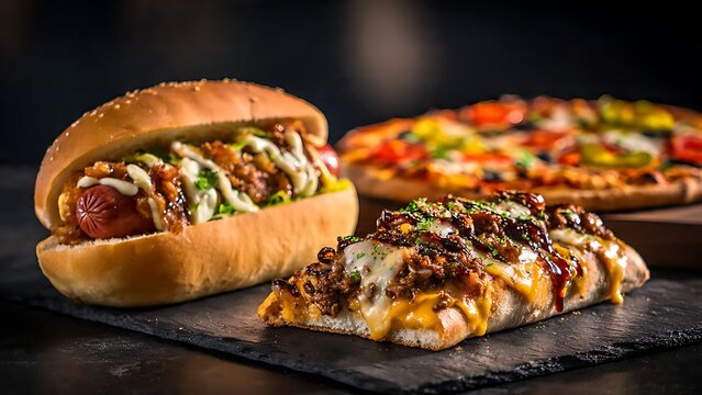 An irresistible trio of classic comfort foods, showcasing a gourmet hot dog, a savory flatbread pizza, and a cheesy chili bread, ideal for a hearty meal or sharing with friends