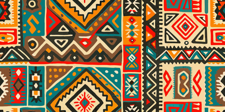 Colorful tribal pattern featuring geometric shapes and stylized motifs