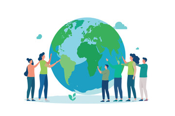 Diverse group of people caring for planet earth globe vector illustration © Anik