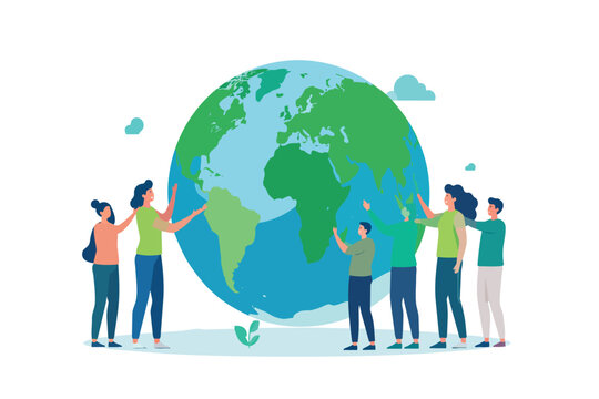 Diverse group of people caring for planet earth globe vector illustration
