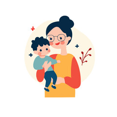 Obraz premium Mother Holding Child Happy - Cute Mom with Kid Illustration, Love and Affection, Family Bond Concept, Joyful Moment, Motherhood, Cheerful, Minimalist Style Vector Art Graphic Design, Vector Image