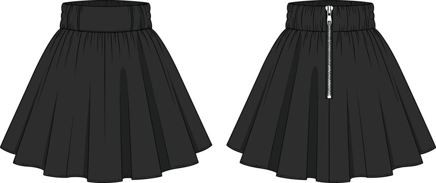 Black flared skirts with elastic waistband and front zipper detail.