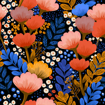 Abstract seamless botanical floral and leaves pattern on black background