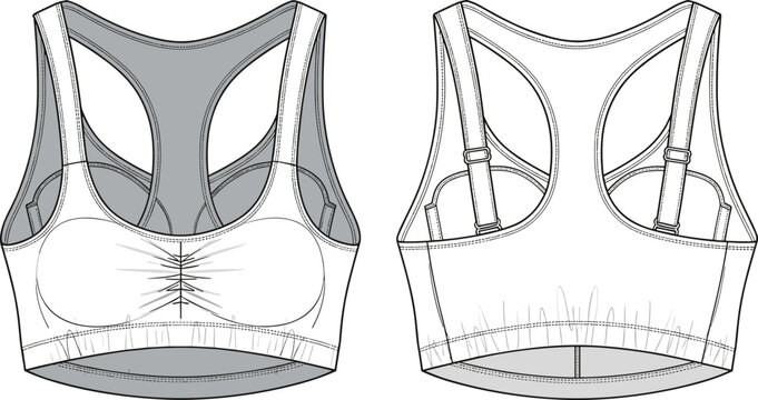 Sports bra front and back view flat fashion illustration.
