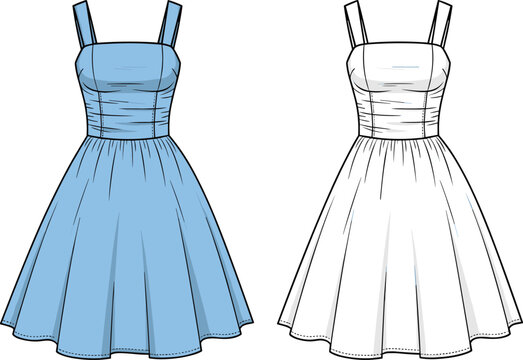 Blue and white vintage style dress with thin straps on transparent background.