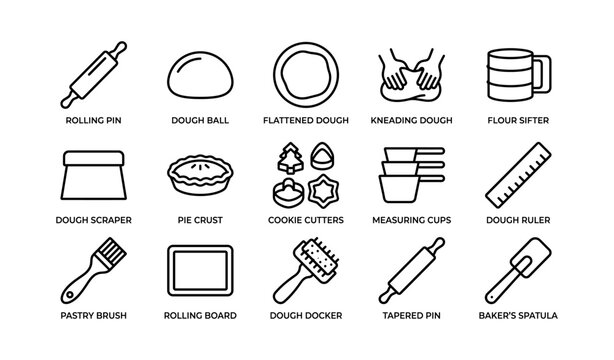 Kitchen utensils for baking: rolling pin, dough prep, measuring cups, and pastry tools