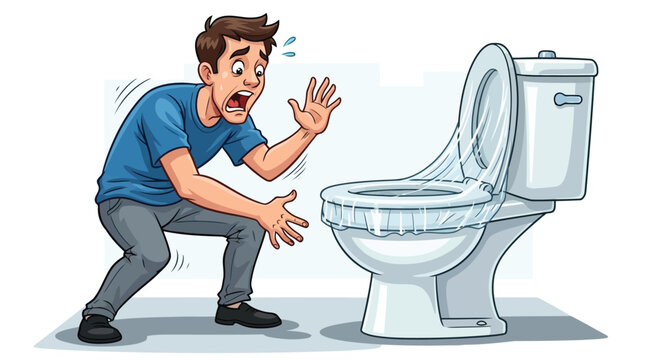 Man reacting in shock to overflowing toilet bowl in bathroom