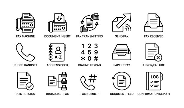 Fax machine icons set: communication and office equipment symbols