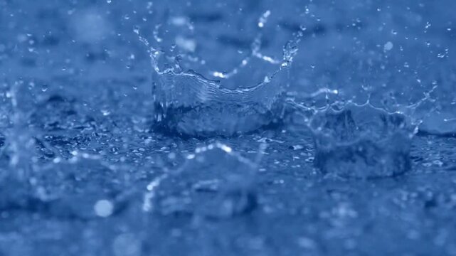 Close-up rain, raindrops falling in a large puddle. rain season, slow motion heavy rain splashing on deep blue water surface, heavy rain on water.