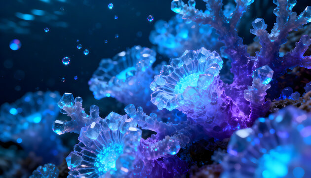 Undersea Radiance: Luminescent coral formations create an ethereal spectacle in the deep blue sea, where bioluminescence dances and refracts, creating an enchanting display of aquatic beauty.