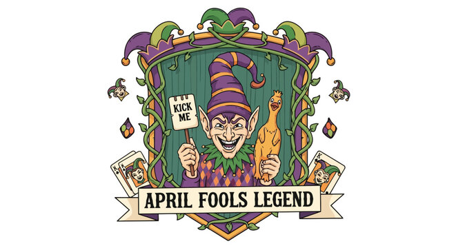 April Fools Legend Cartoon Jester Holding Turkey and Sign in Colorful illustration