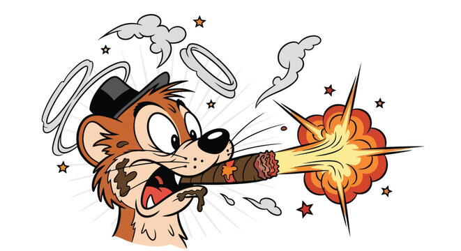 Cartoon tiger smoking explosive cigar with top hat on head illustration
